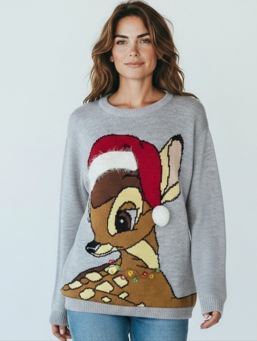 Disney Bambi Christmas Sweater Womenβs Small Gray Santa Hat Holiday Novelty